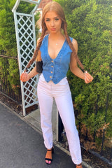 Mid Blue Denim Waistcoat - Kenda-Tops