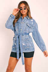 Mid Blue Distressed Belted Jacket - Camilla-Jackets