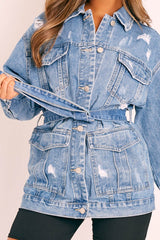 Mid Blue Distressed Belted Jacket - Camilla-Jackets