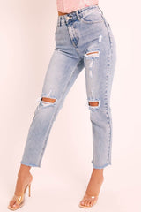 Mid Blue Distressed Knee Boyfriend Jeans - Pia-Jeans