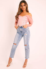 Mid Blue Distressed Knee Boyfriend Jeans - Pia-Jeans