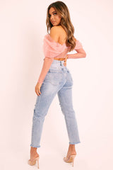 Mid Blue Distressed Knee Boyfriend Jeans - Pia-Jeans