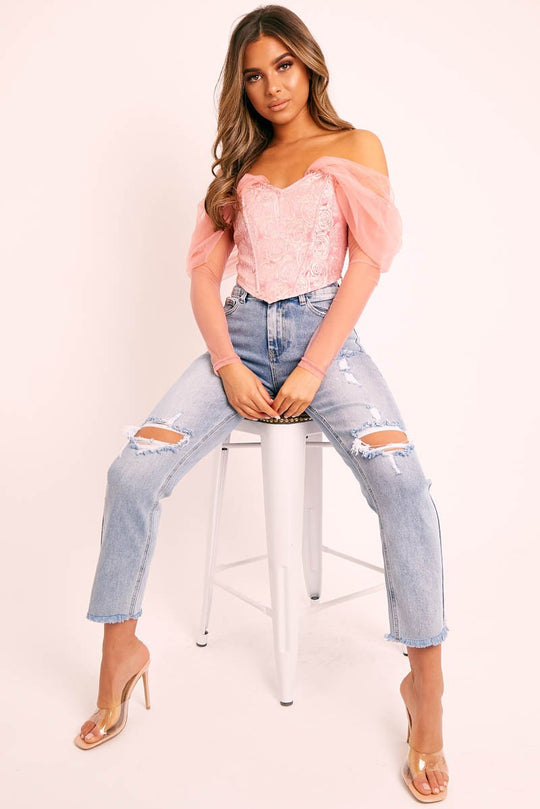 Mid Blue Distressed Knee Boyfriend Jeans - Pia