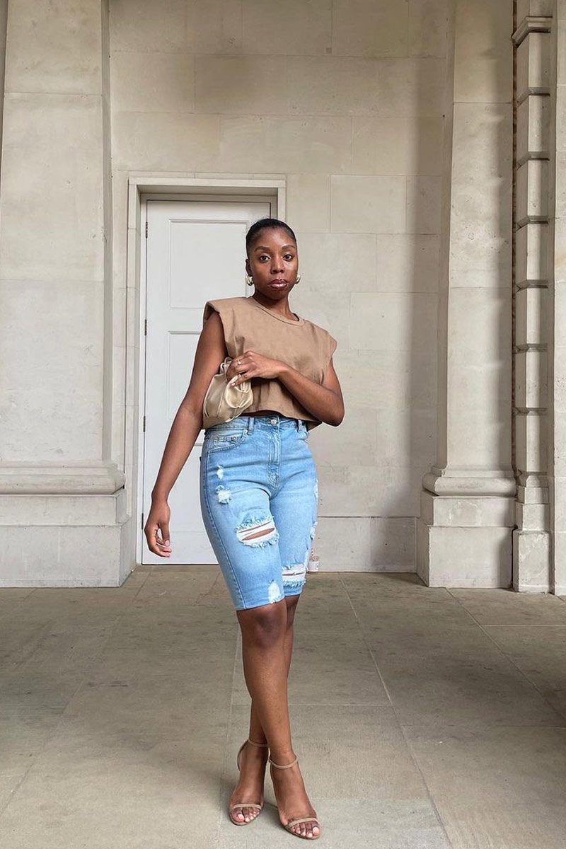 Mid Blue Distressed Longline Denim Shorts - Dakotah-Shorts