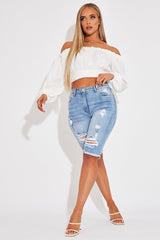 Mid Blue Distressed Longline Denim Shorts - Dakotah-Shorts