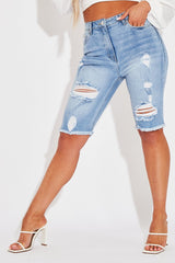 Mid Blue Distressed Longline Denim Shorts - Dakotah-Shorts