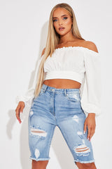 Mid Blue Distressed Longline Denim Shorts - Dakotah-Shorts