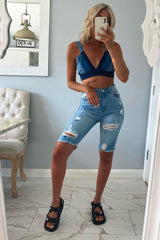 Mid Blue Distressed Longline Denim Shorts - Dakotah-Shorts