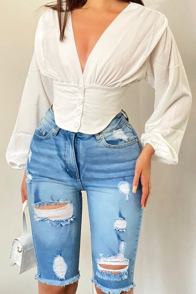 Mid Blue Distressed Longline Denim Shorts - Dakotah-Shorts