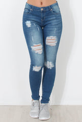 Mid Blue Distressed Skinny Jeans - Hallo-Jeans