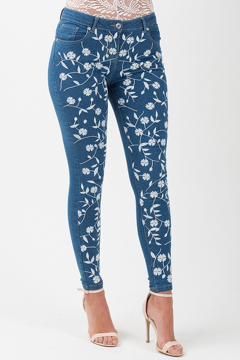 Mid Blue Embroidered Denim Jeans - Franki-Jeans