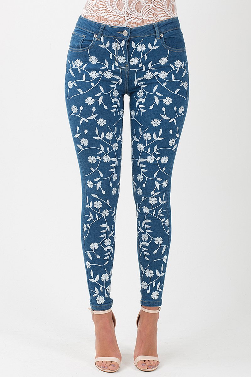 Mid Blue Embroidered Denim Jeans - Franki-Jeans