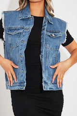 Mid Blue Frayed Hem Longline Denim Gilet - Cataliya-Jackets