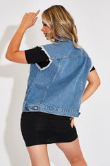 Mid Blue Frayed Hem Longline Denim Gilet - Cataliya-Jackets