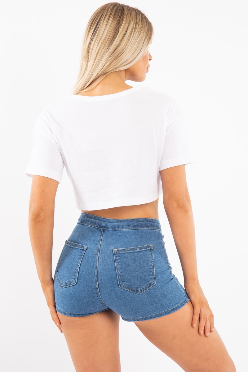 Mid Blue High Waist Denim Hot Pant Shorts - Lylah-Shorts