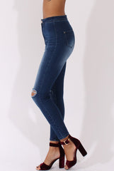 Mid Blue High Waisted Ripped Knee Jeans - Pandora-Jeans