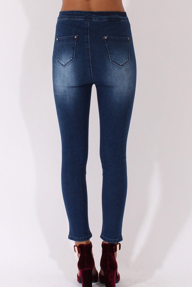 Mid Blue High Waisted Ripped Knee Jeans - Pandora-Jeans