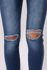 Mid Blue High Waisted Ripped Knee Jeans - Pandora-Jeans