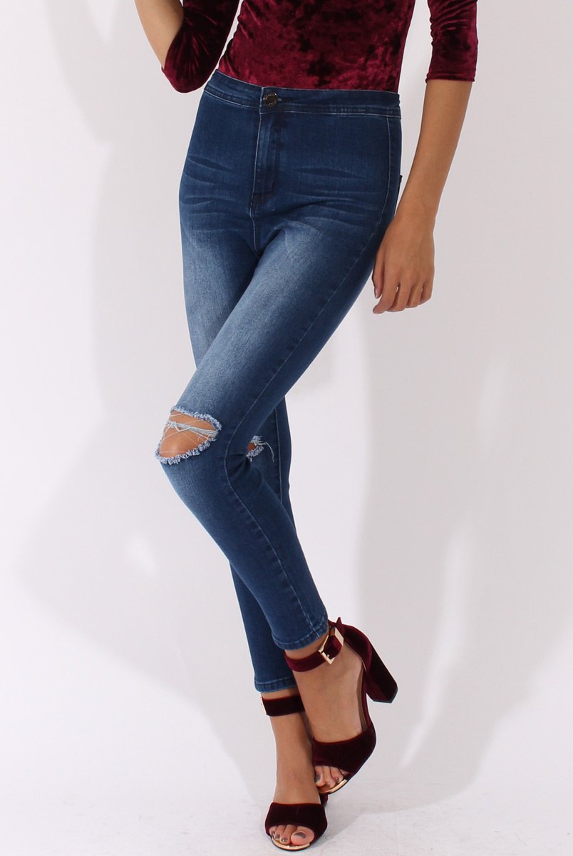 Mid Blue High Waisted Ripped Knee Jeans - Pandora-Jeans