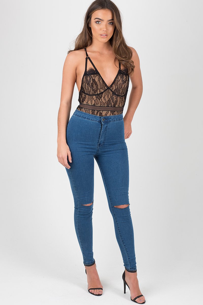 Mid Blue High Waisted Ripped Knee Skinny Jeans - Amara-Jeans