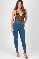 Mid Blue High Waisted Ripped Knee Skinny Jeans - Amara-Jeans