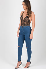 Mid Blue High Waisted Ripped Knee Skinny Jeans - Amara-Jeans