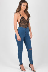 Mid Blue High Waisted Ripped Knee Skinny Jeans - Amara-Jeans