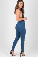 Mid Blue High Waisted Ripped Knee Skinny Jeans - Amara-Jeans