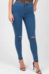 Mid Blue High Waisted Ripped Knee Skinny Jeans - Amara-Jeans