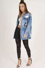 Mid Blue Oversized Badge Detail Denim Jacket - Leila-Jackets