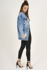 Mid Blue Oversized Badge Detail Denim Jacket - Leila-Jackets
