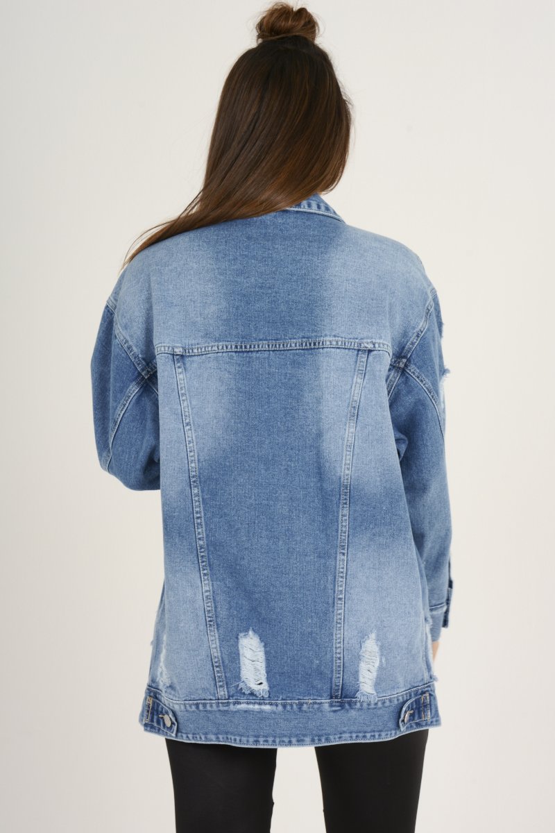 Mid Blue Oversized Badge Detail Denim Jacket - Leila-Jackets
