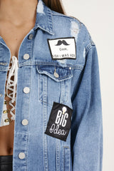 Mid Blue Oversized Badge Detail Denim Jacket - Leila-Jackets