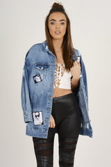 Mid Blue Oversized Badge Detail Denim Jacket - Leila-Jackets