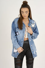 Mid Blue Oversized Badge Detail Denim Jacket - Leila-Jackets