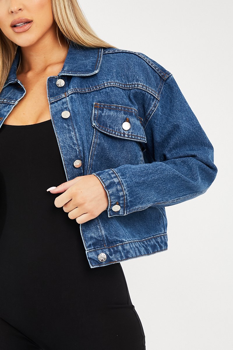 Mid Blue Pocket Cropped Denim Jacket - Cerise-Denim Jackets