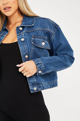 Mid Blue Pocket Cropped Denim Jacket - Cerise-Denim Jackets