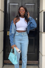 Mid Blue Pocket Cropped Denim Jacket - Cerise-Denim Jackets