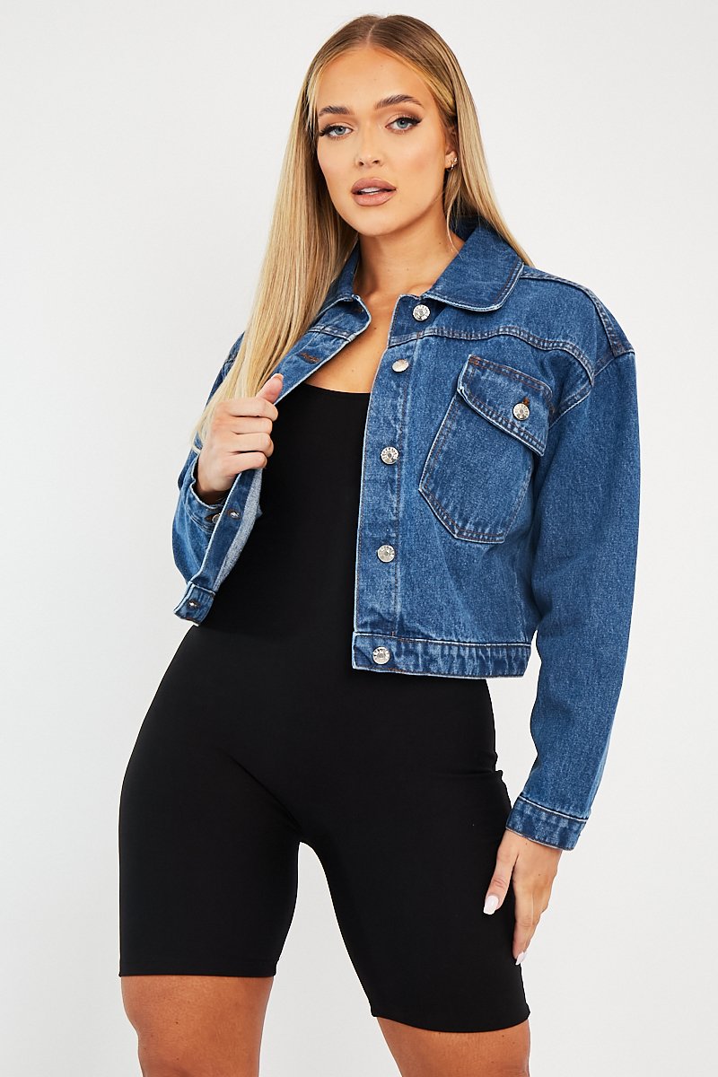 Mid Blue Pocket Cropped Denim Jacket - Cerise-Denim Jackets