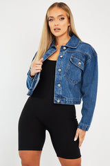 Mid Blue Pocket Cropped Denim Jacket - Cerise-Denim Jackets