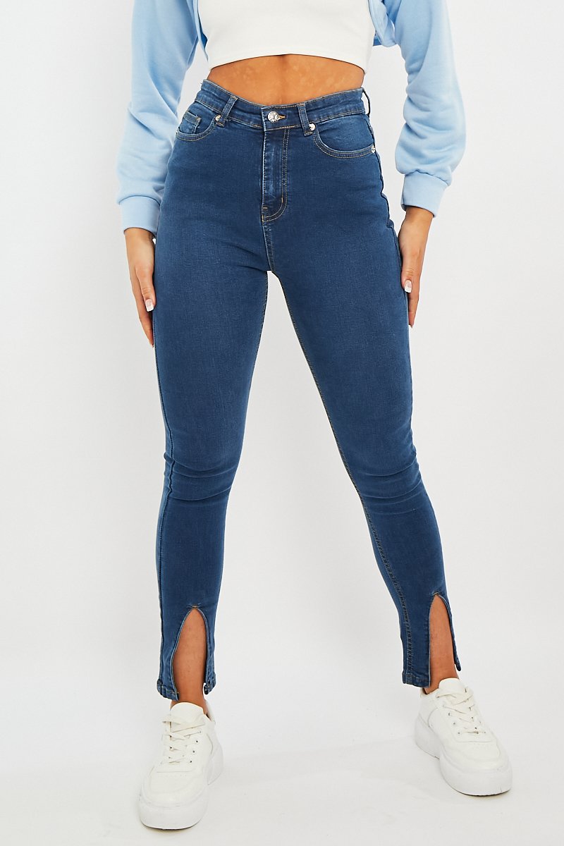 Mid Blue Split Front Skinny Jeans - Martha-Jeans