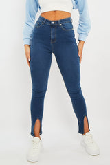 Mid Blue Split Front Skinny Jeans - Martha-Jeans