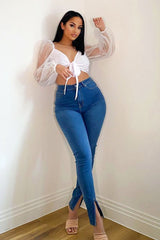 Mid Blue Split Front Skinny Jeans - Martha-Jeans