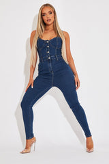 Mid Blue Strappy Button Front Denim Jumpsuit - Roma-Jumpsuits