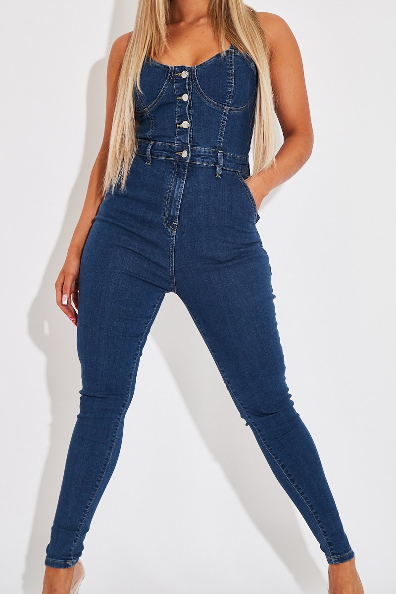 Mid Blue Strappy Button Front Denim Jumpsuit - Roma-Jumpsuits