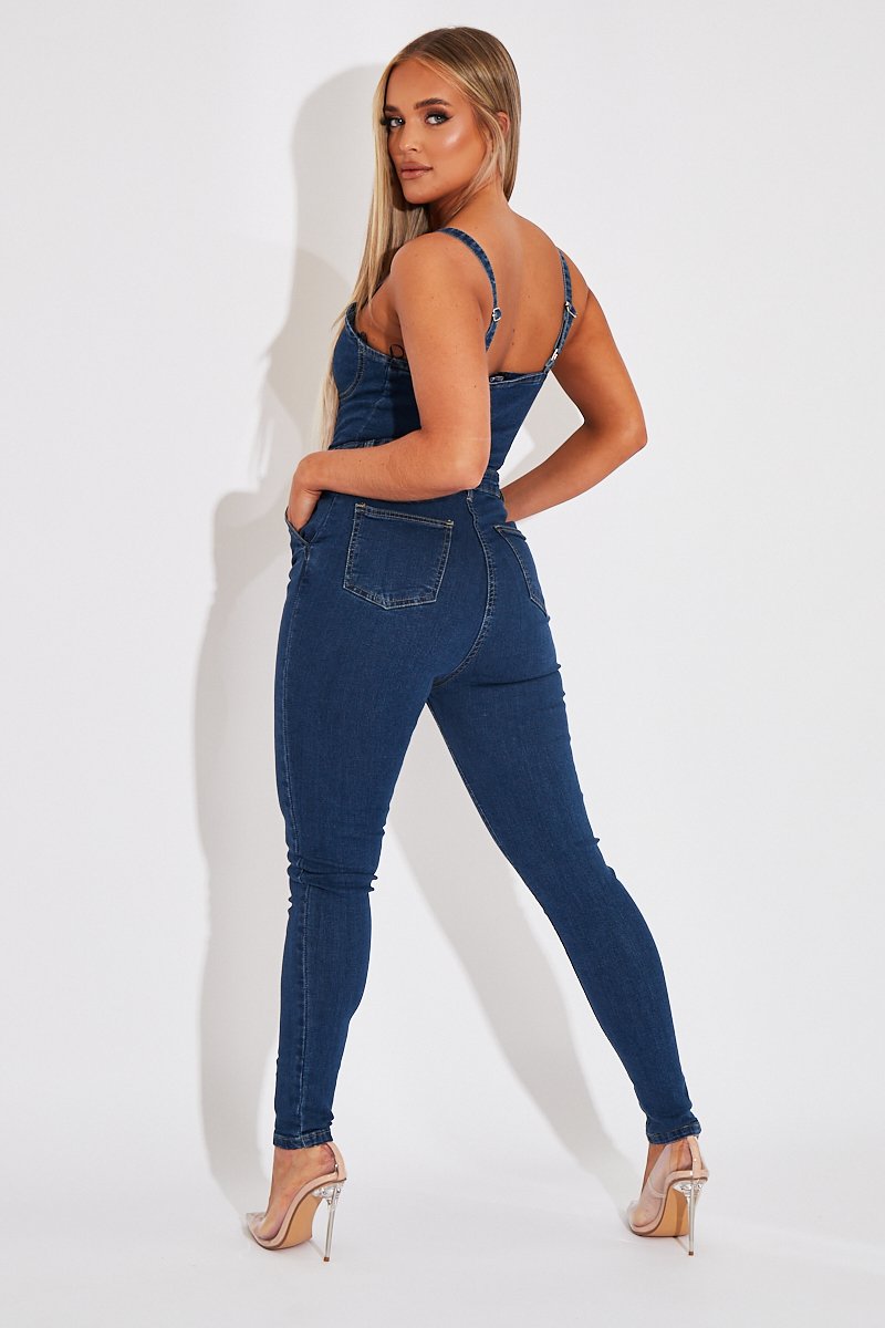 Mid Blue Strappy Button Front Denim Jumpsuit - Roma-Jumpsuits