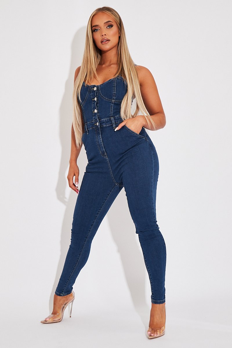 Mid Blue Strappy Button Front Denim Jumpsuit - Roma-Jumpsuits