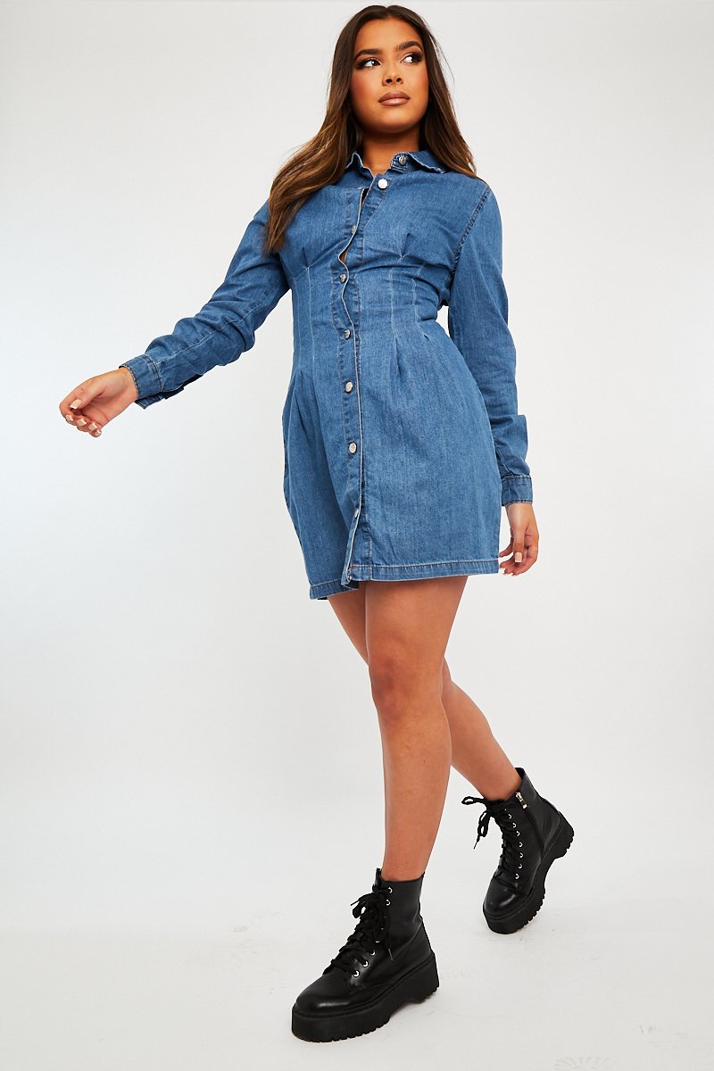 Mid Blue Tailored Waist Denim Shirt Dress - Danaria-Dresses