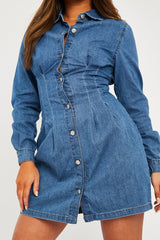 Mid Blue Tailored Waist Denim Shirt Dress - Danaria-Dresses