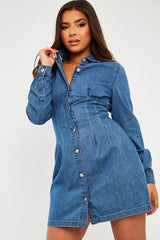 Mid Blue Tailored Waist Denim Shirt Dress - Danaria-Dresses